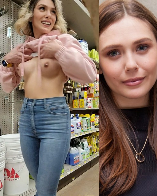 Elizabeth Olsen small tits pierced nipple show deepfake shopping challenge video, ActressX.com
