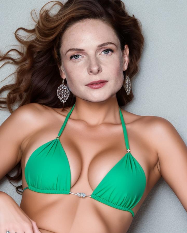 Rebecca Ferguson green bikini semi nude pose, ActressX.com