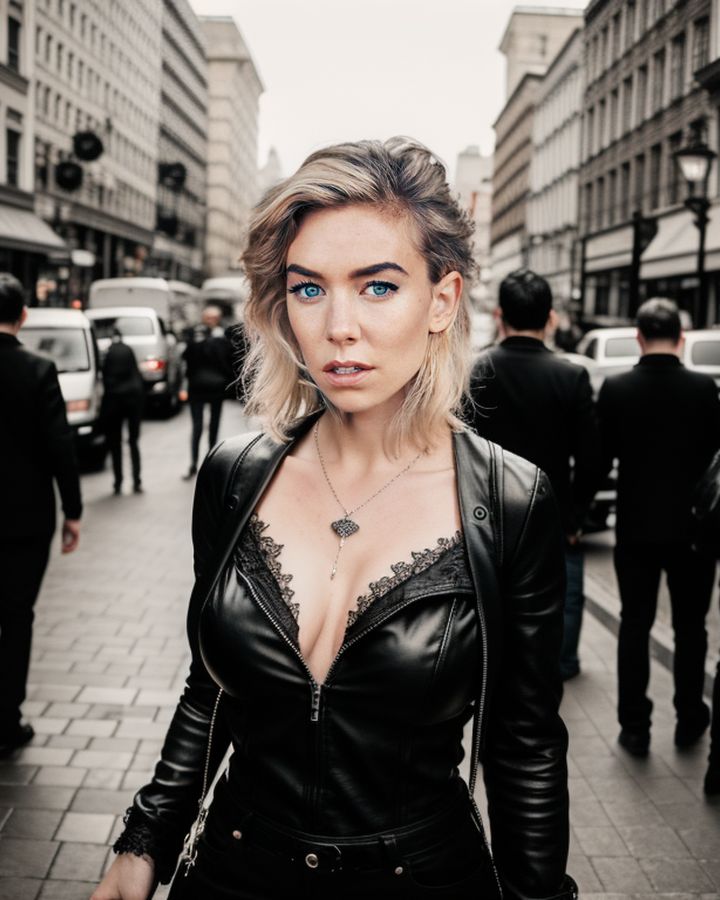 Vanessa Kirby NSFW low neck blouse cleavage gothic nude boobs nipple outdoor show AI Porn photos