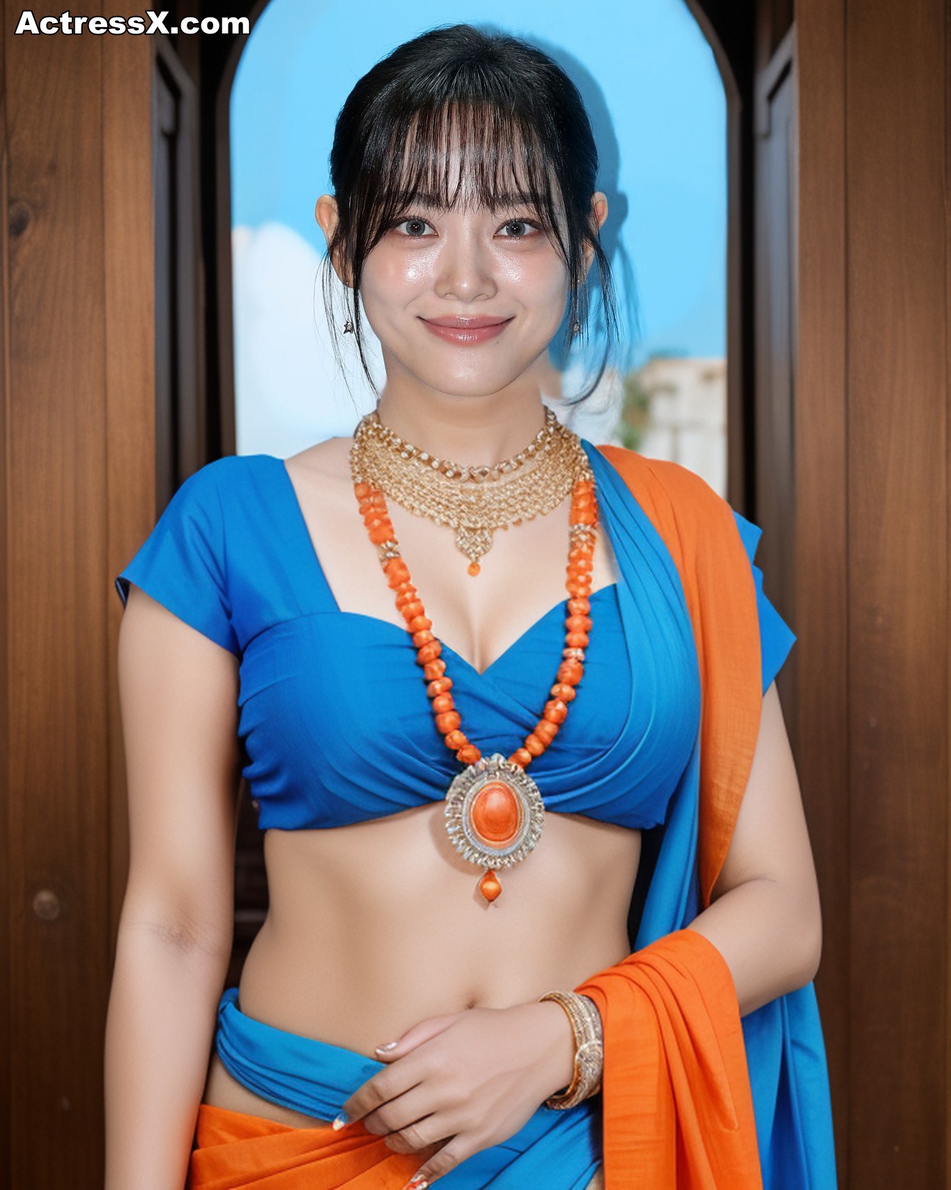 Kim Sejeong sexy low neck blouse pierced navel hot saree, ActressX.com